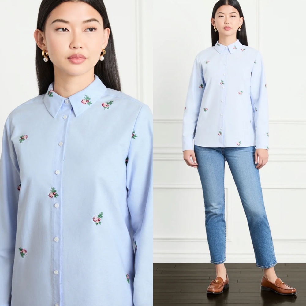 HILL HOUSE Floral Embroidered Button Down Shirt Medium
